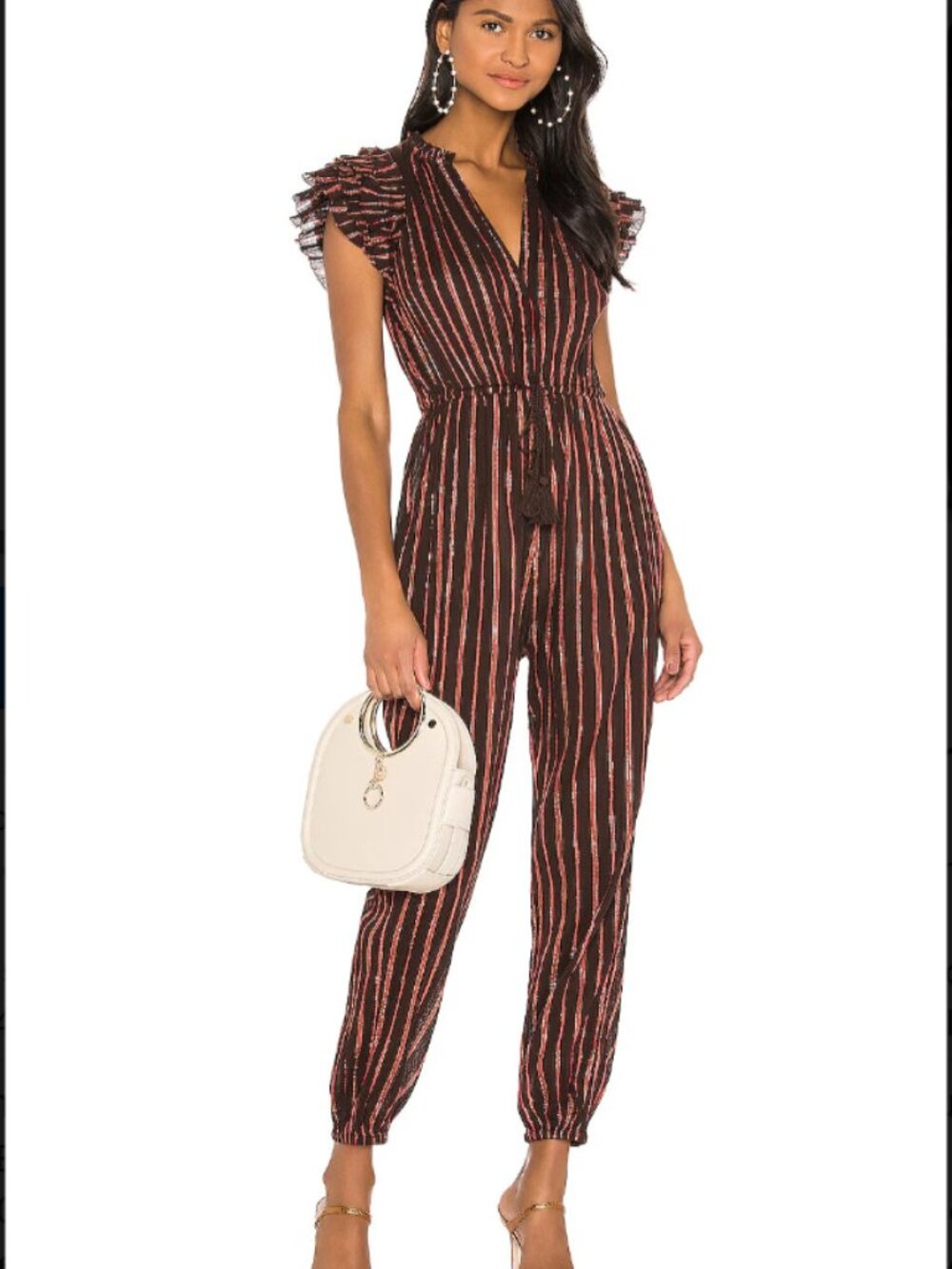 ULLA JOHNSON Brown Metallic Lurex Stripe Elio Ruffle Drawstring Pant Jumpsuit 4